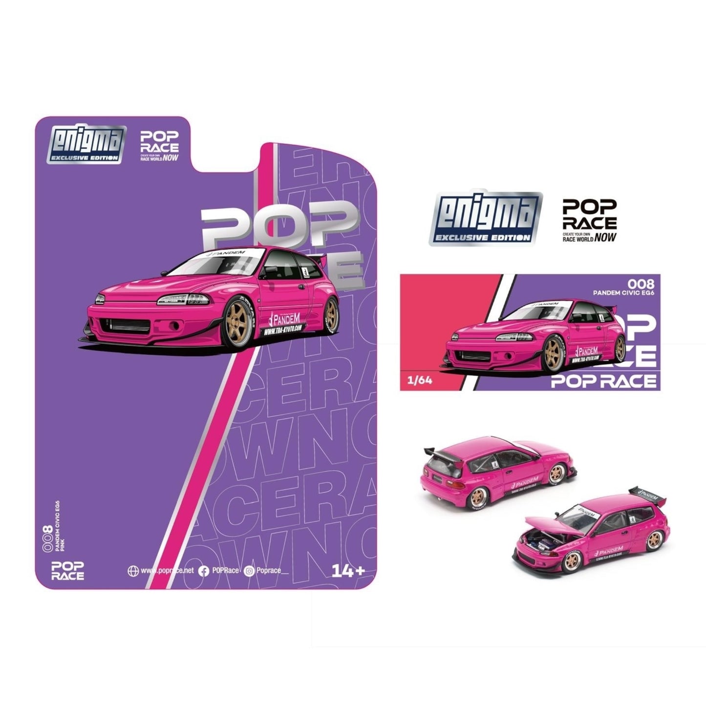 Pop Race x Enigma- Pre-Order -  Pandem Civic EG6 - Pink (Blister Pack) - PRE008 - 1:64