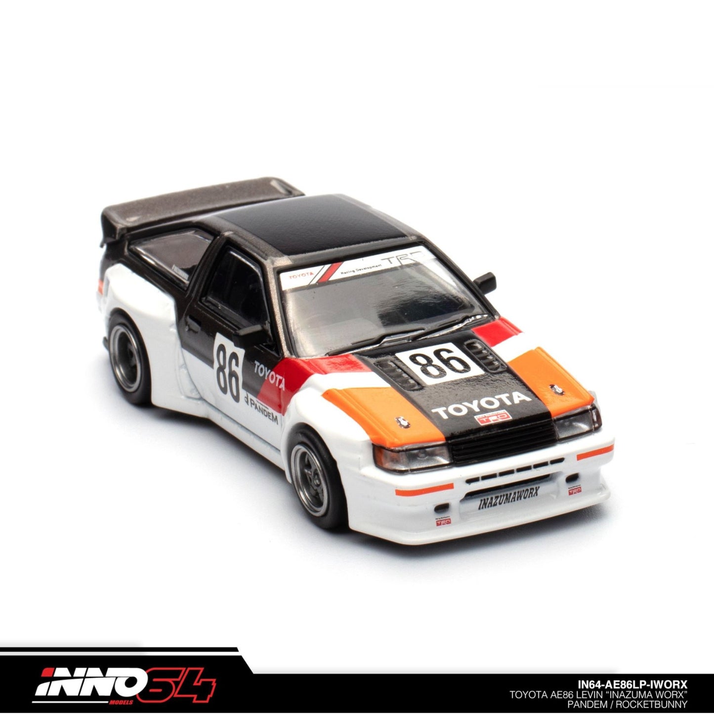 INNO64 - Toyota Levin AE86 #86 *Inazuma WORX Pandem/Rocket Bunny*, white/black/orange/red - 1:64 - IN64-AE86LP-IWORX