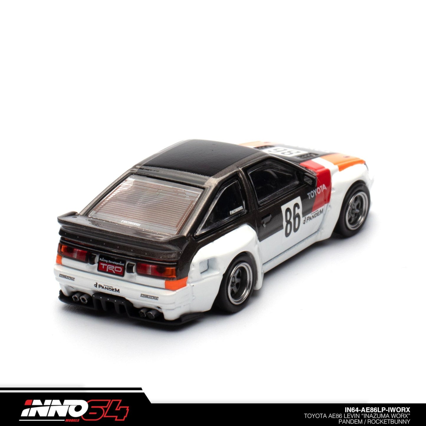 INNO64 - Toyota Levin AE86 #86 *Inazuma WORX Pandem/Rocket Bunny*, white/black/orange/red - 1:64 - IN64-AE86LP-IWORX