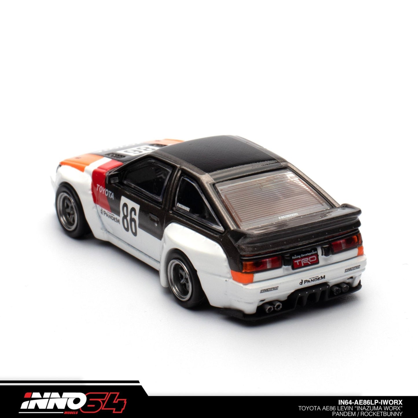 INNO64 - Toyota Levin AE86 #86 *Inazuma WORX Pandem/Rocket Bunny*, white/black/orange/red - 1:64 - IN64-AE86LP-IWORX