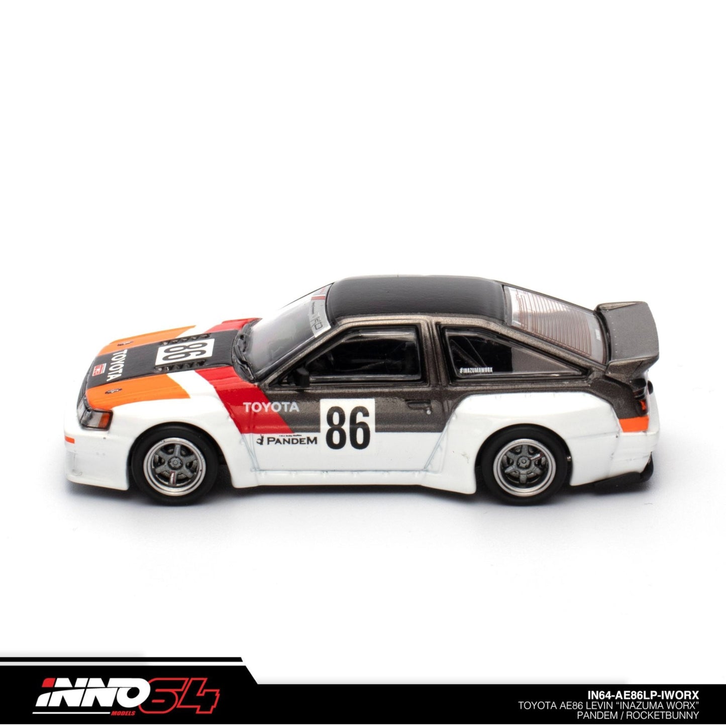 INNO64 - Toyota Levin AE86 #86 *Inazuma WORX Pandem/Rocket Bunny*, white/black/orange/red - 1:64 - IN64-AE86LP-IWORX