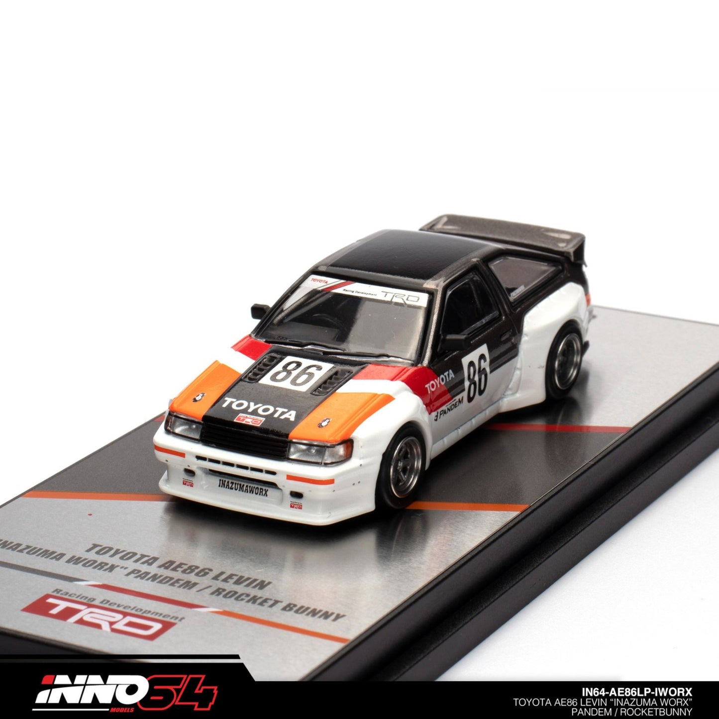 INNO64 - Toyota Levin AE86 #86 *Inazuma WORX Pandem/Rocket Bunny*, white/black/orange/red - 1:64 - IN64-AE86LP-IWORX