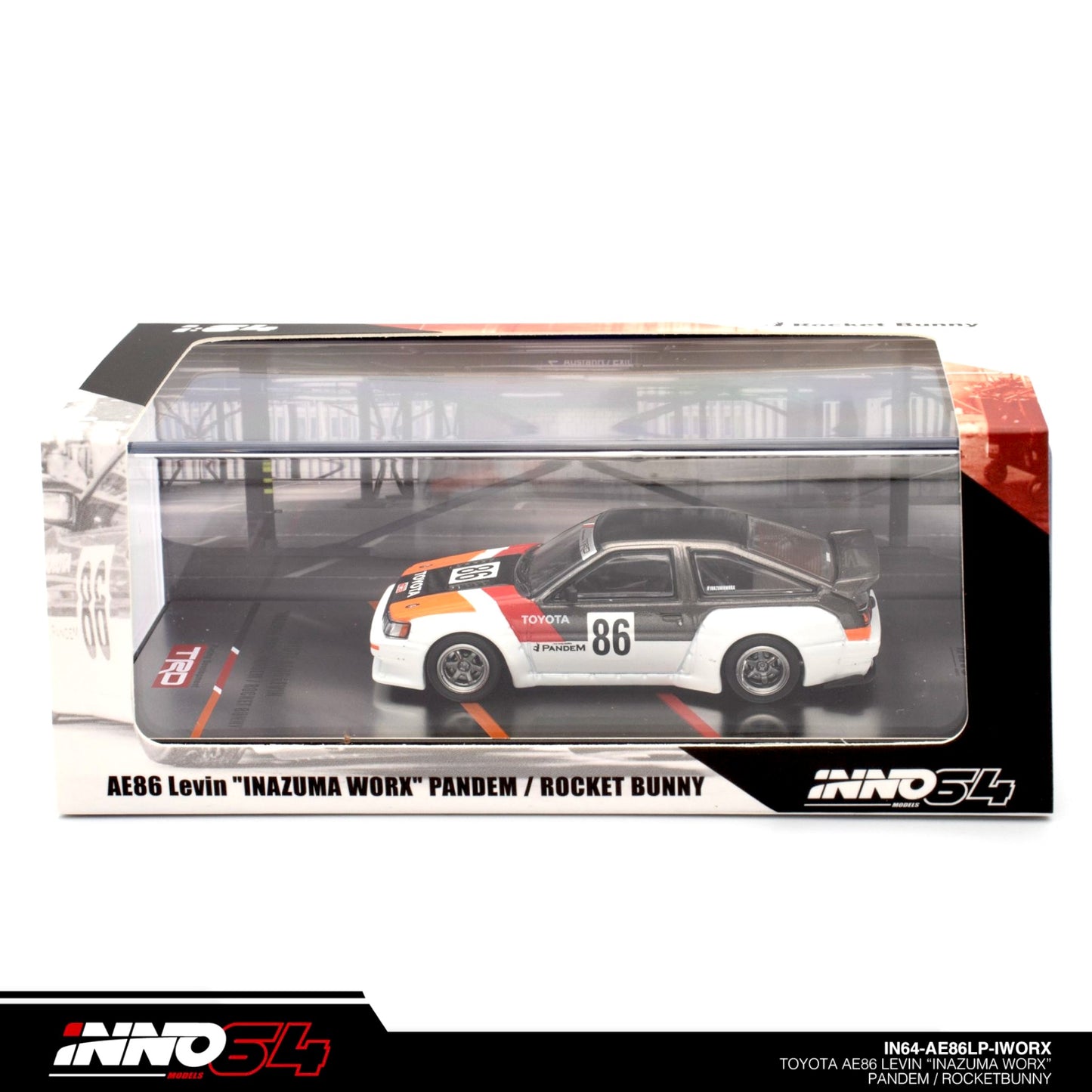 INNO64 - Toyota Levin AE86 #86 *Inazuma WORX Pandem/Rocket Bunny*, white/black/orange/red - 1:64 - IN64-AE86LP-IWORX