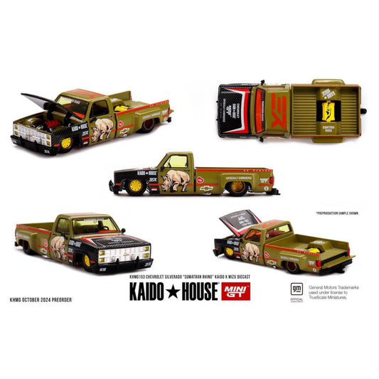 Mini GT X Mizu Kaido House - Pre-Order - 1980 Chevrolet Silverado Sumatran Rhino, black/gold - KHMG153