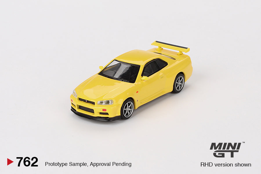 Mini GT - Pre-Order - Nissan Skyline GT-R (R34) V-Spec Lightning Yellow - MGT00762 (RHD) - 1:64