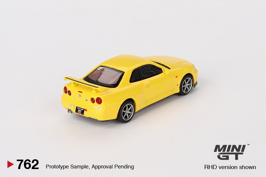 Mini GT - Pre-Order - Nissan Skyline GT-R (R34) V-Spec Lightning Yellow - MGT00762 (RHD) - 1:64