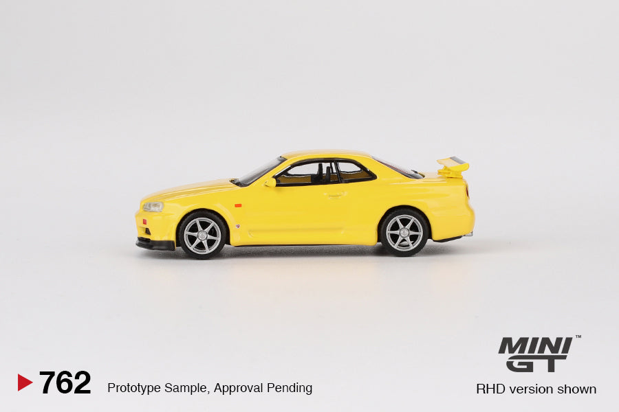 Mini GT - Pre-Order - Nissan Skyline GT-R (R34) V-Spec Lightning Yellow - MGT00762 (RHD) - 1:64