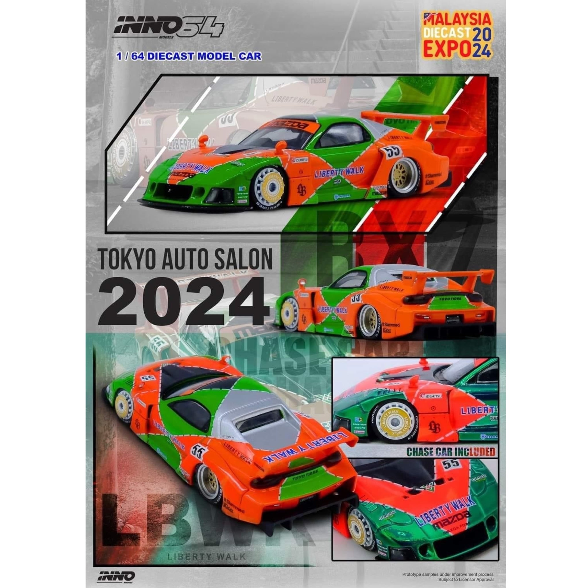 INNO64 - Pre-Order - LBWK Mazda RX7 (FD3S) LB Super Silhouette, green/orange - 1:64 - IN64-LBWK-RX7-04