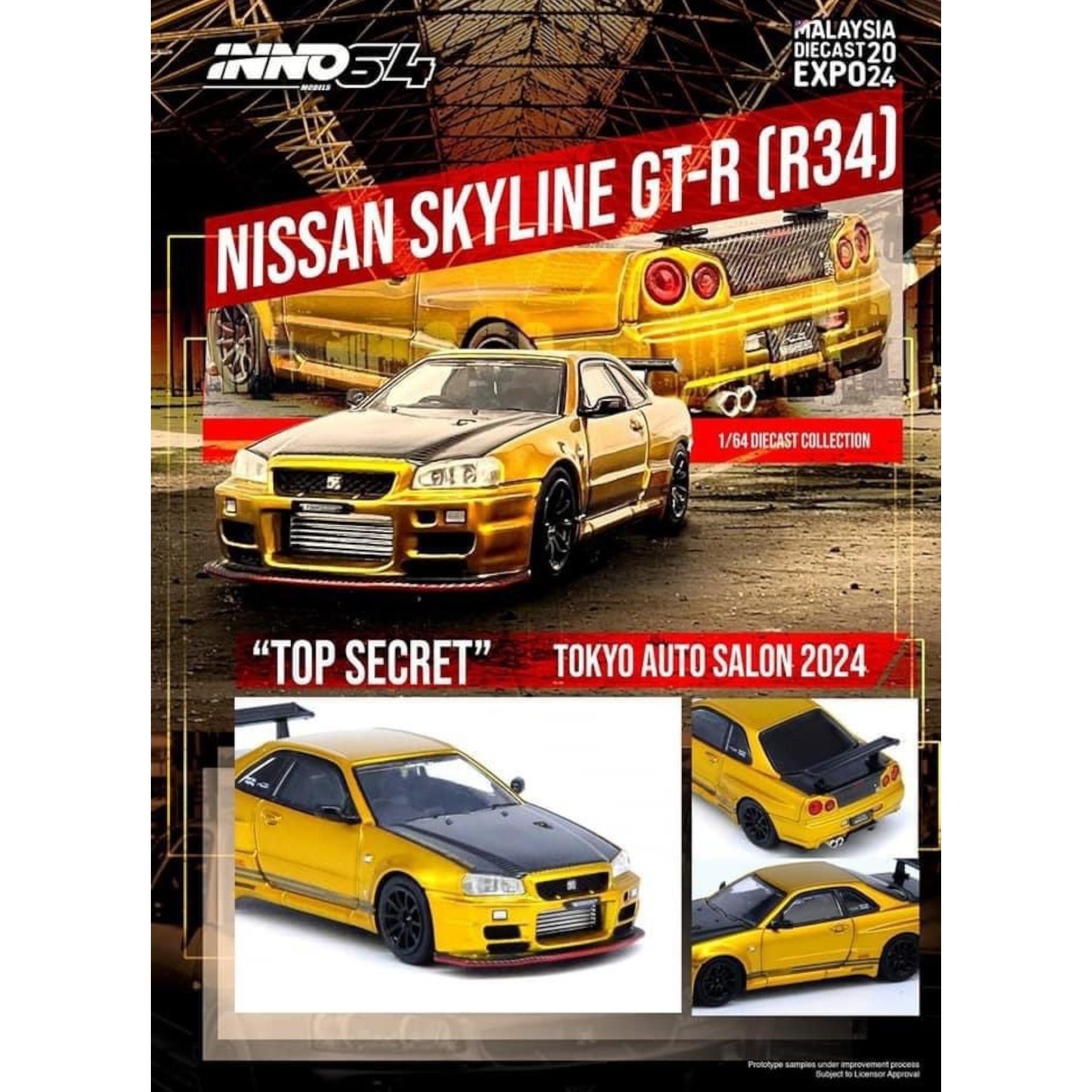 INNO64 - Pre-Order -  Nissan Skyline GT-R (R34) *Top Secret*, gold/black - 1:64 - IN64-R34TS-MDX24