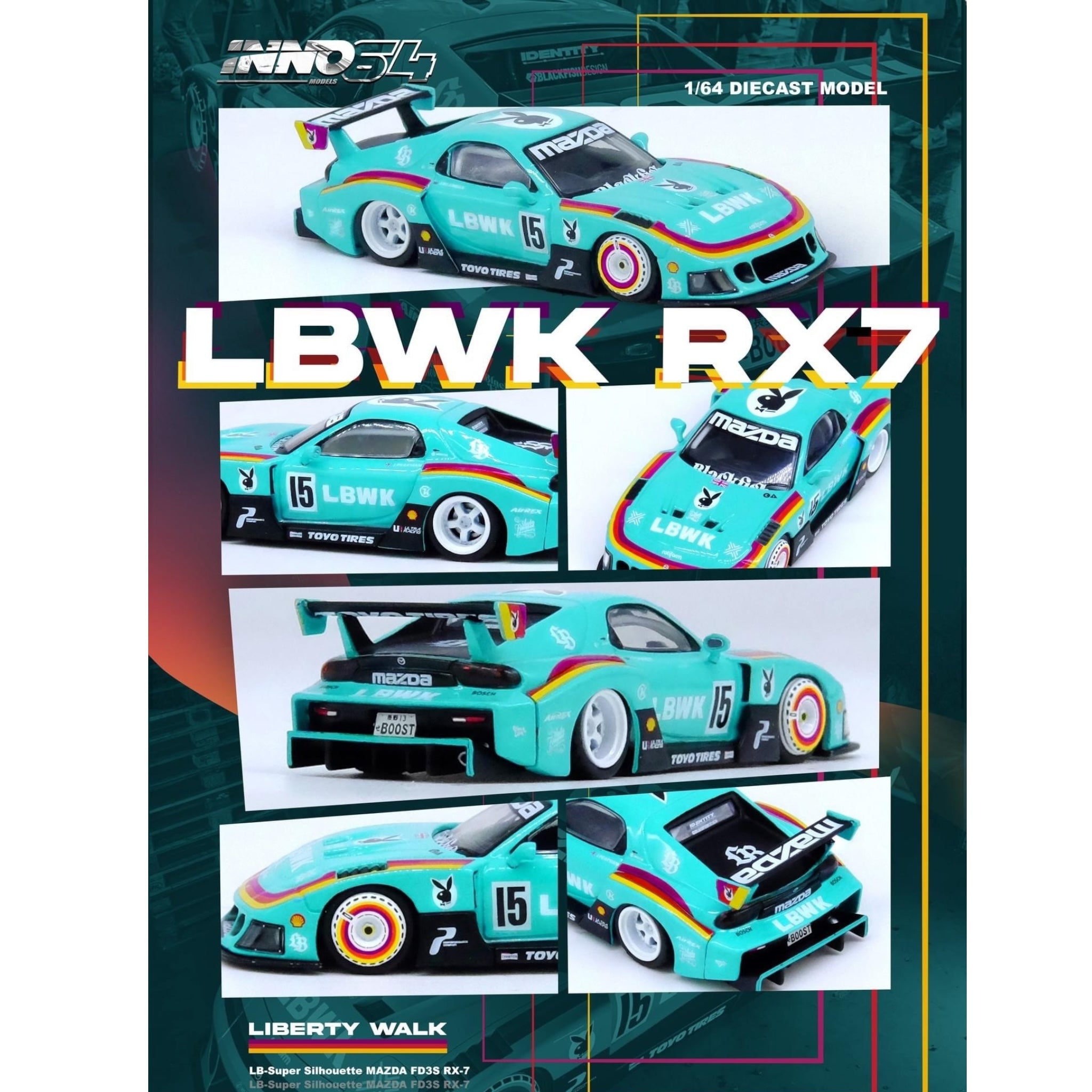 INNO64 - Pre-Order - LBWK Mazda RX7 (FD3S) LB Super Silhouette, blue/orange/red - 1:64 - IN64-LBWK-RX7-03