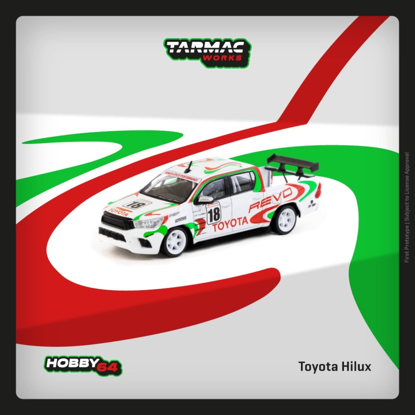 Tarmac Works - Pre-Order - Toyota Hilux #18, white/red/green - T64-041-WH2