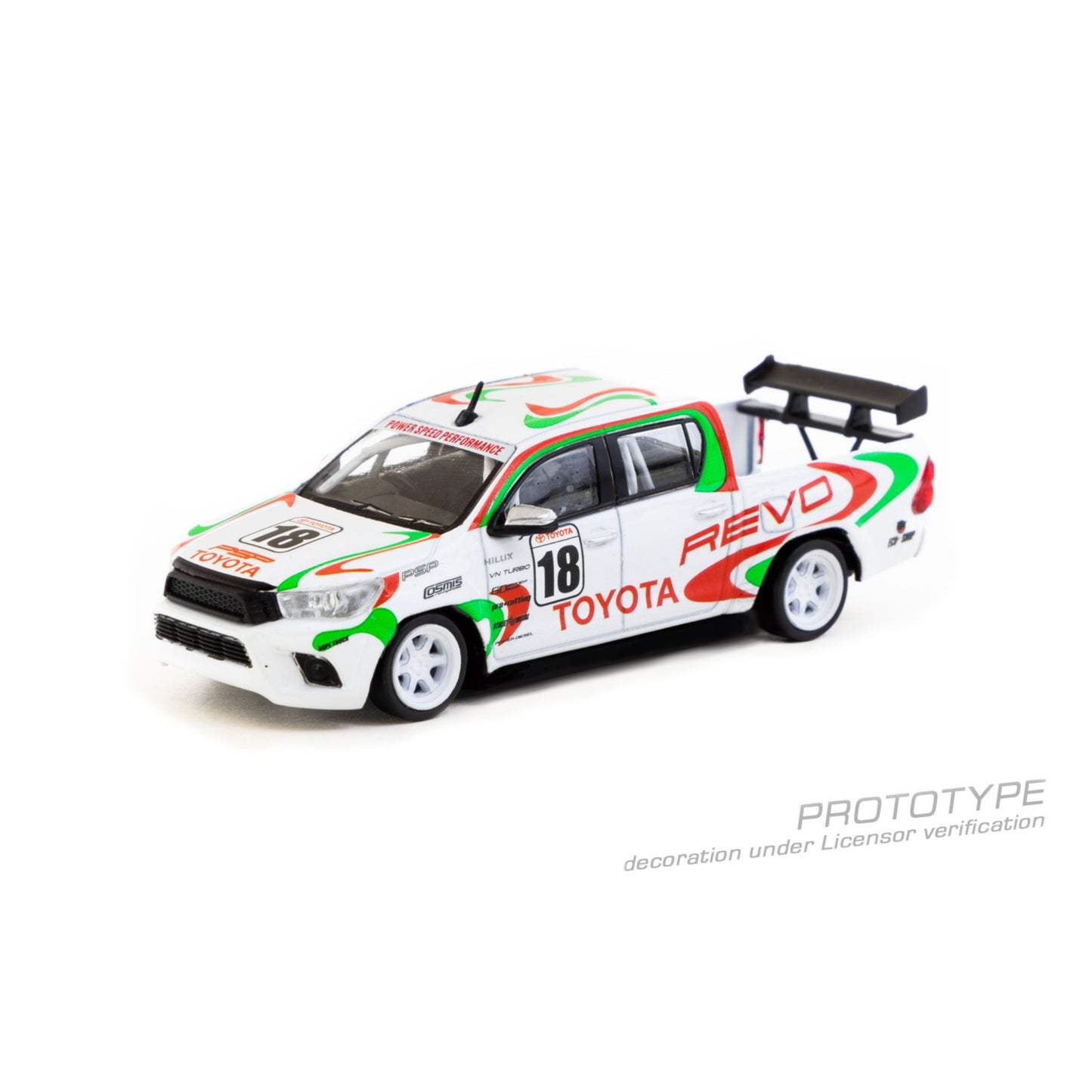 Tarmac Works - Pre-Order - Toyota Hilux #18, white/red/green - T64-041-WH2