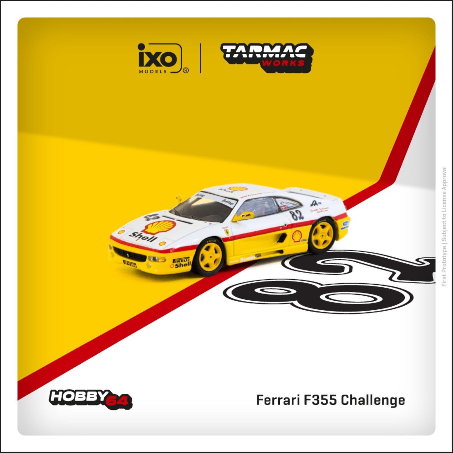 Tarmac Works - Pre-Order - 1999 Ferrari F355 Challenge #82 D. Peter Andersen, white/yellow - T64-083-99CHA82