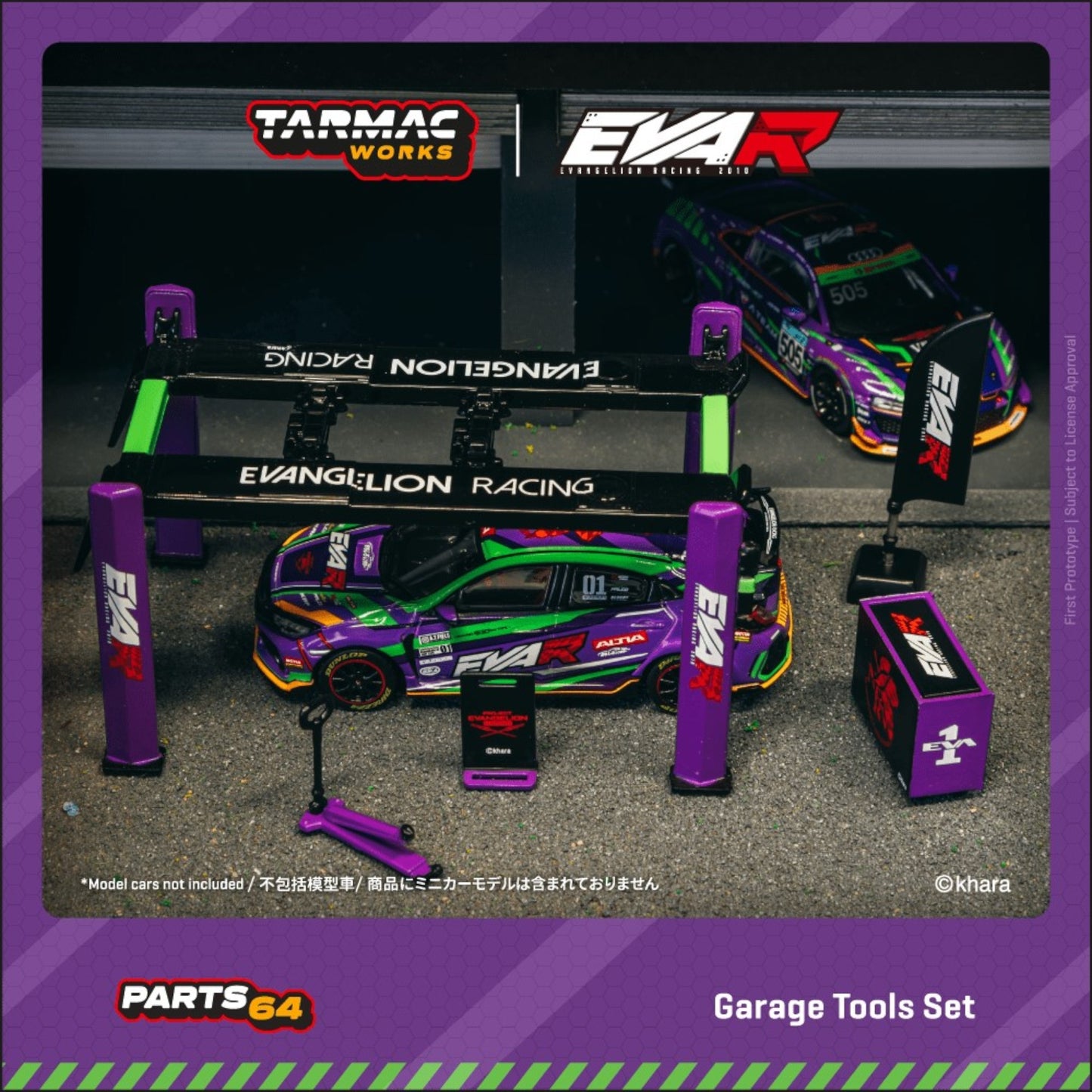 Tarmac Works x IXO - Pre-Order - Garage Tools Set *EVA Racing*, purple/black/green - T64A-TL001-EVA