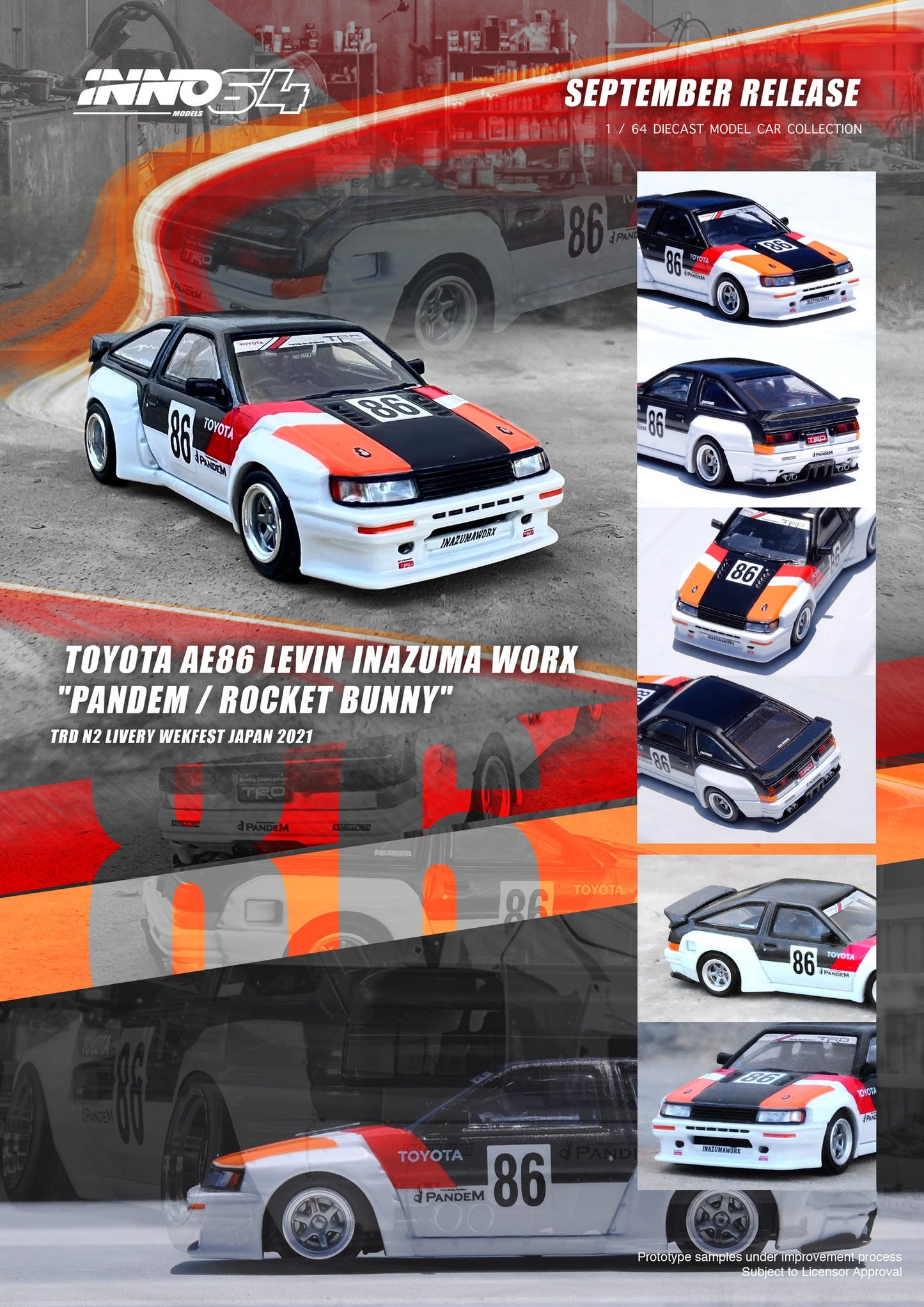 INNO64 - Toyota Levin AE86 #86 *Inazuma WORX Pandem/Rocket Bunny*, white/black/orange/red - 1:64 - IN64-AE86LP-IWORX